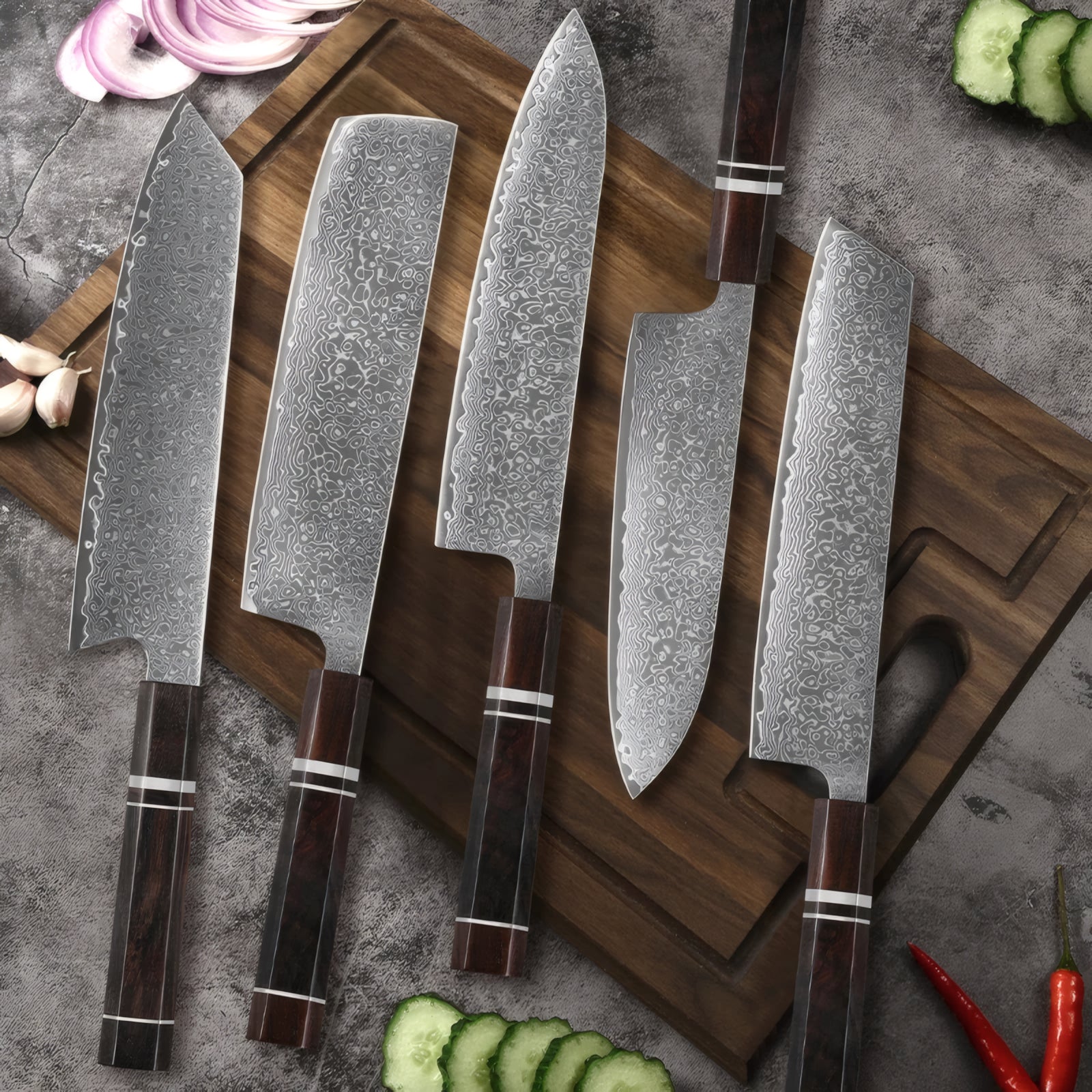 Kenzo – 67-Layer VG10 Damascus Knife Set (Ebony Handle)