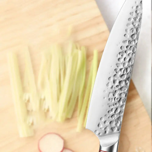 Kensei hammered Santoku blade detail