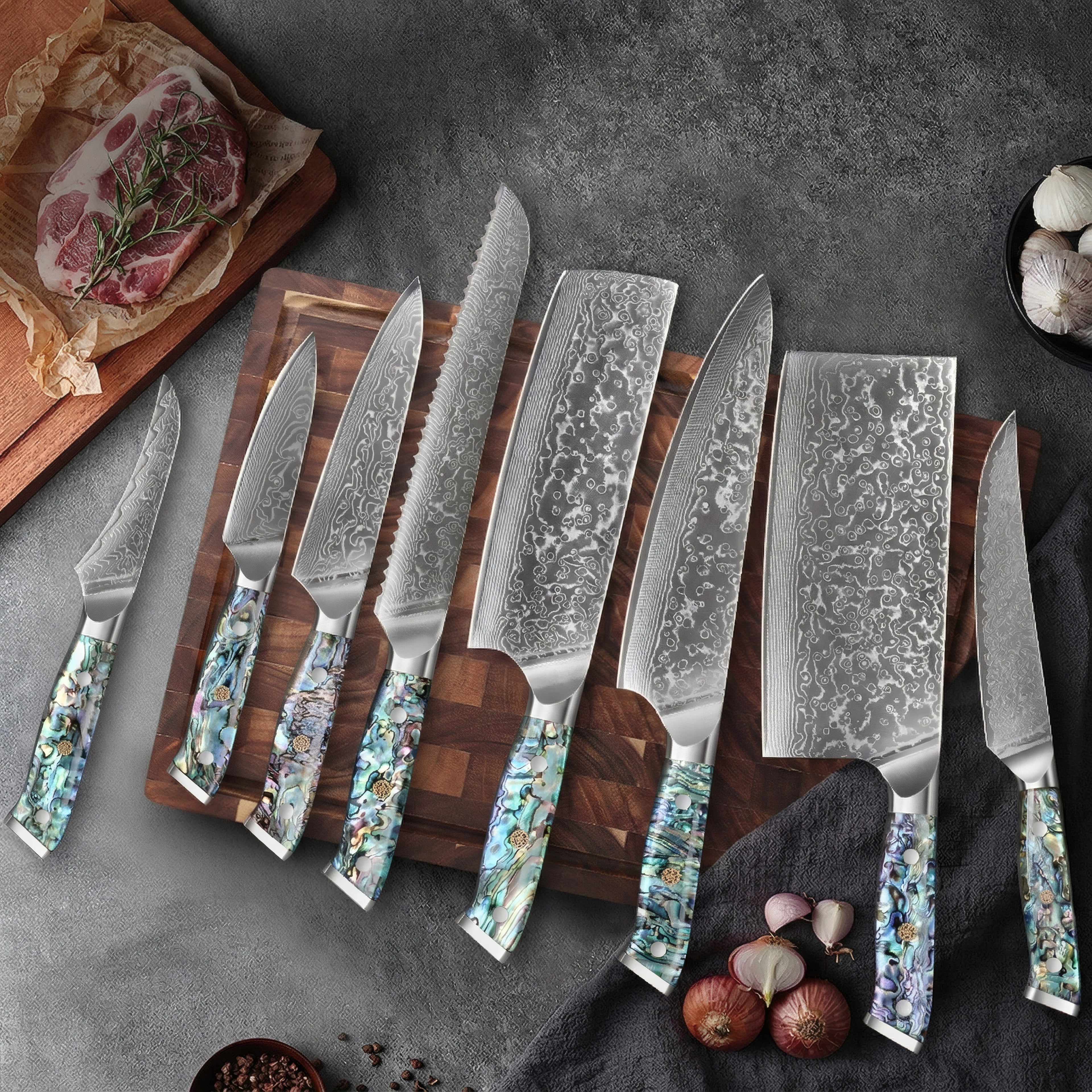 Masaru – 67-Layer Damascus Abalone Chef Knife Set