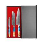 Set of three Damascus steel kitchen knives with wooden handles in a red box on a white background