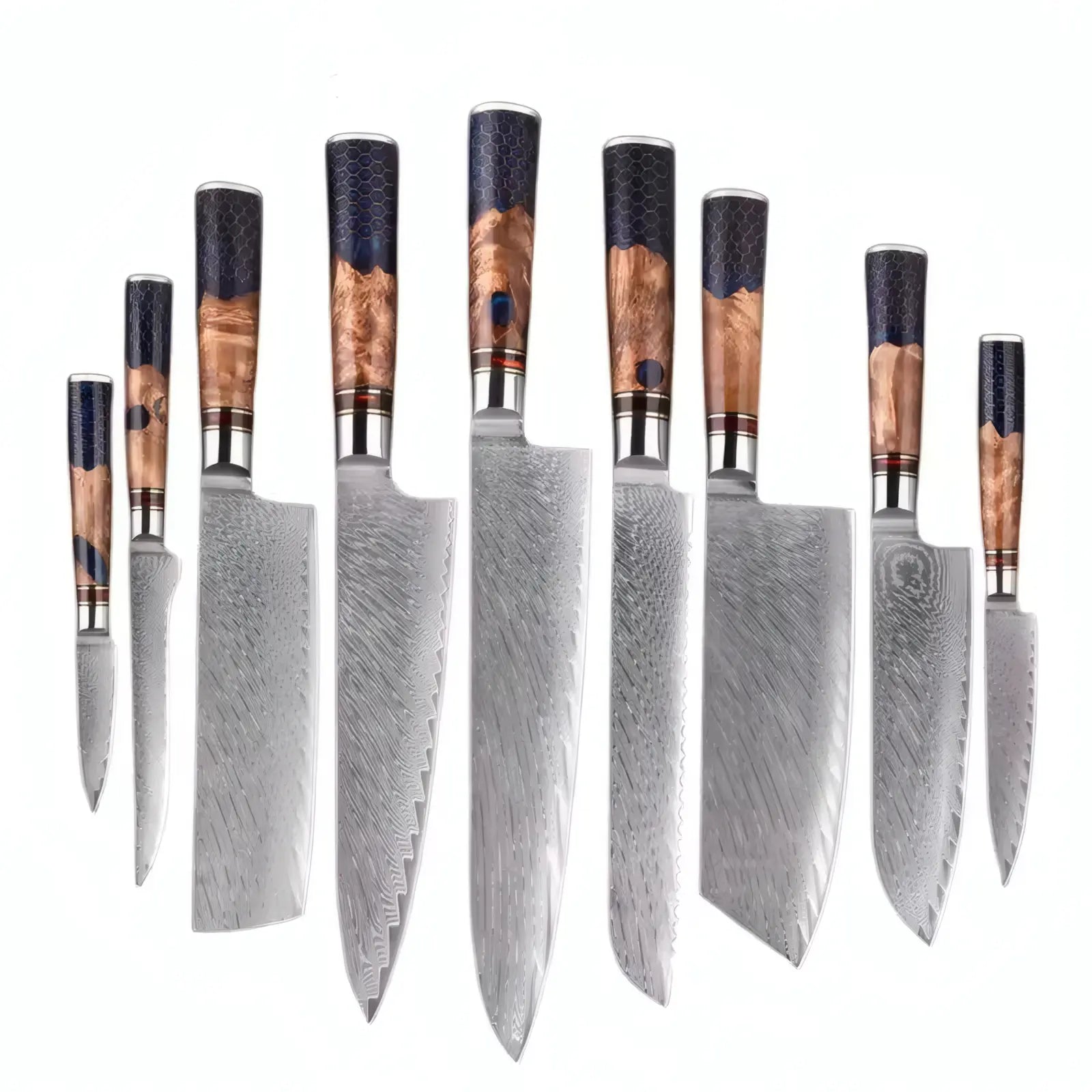 Set of Damascus steel kitchen knives with wooden handles on a white background