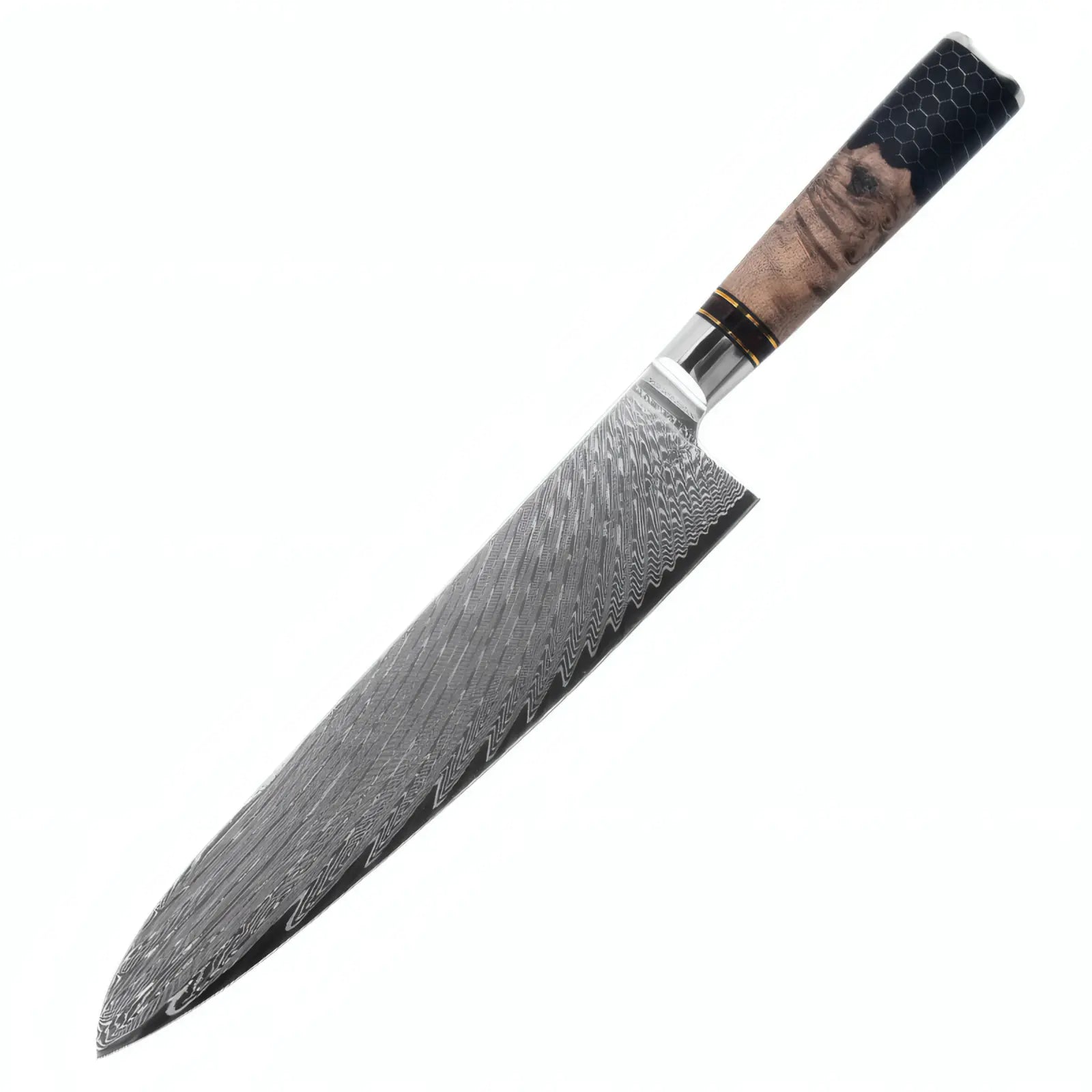 Damascus knife with wooden handle on a white background