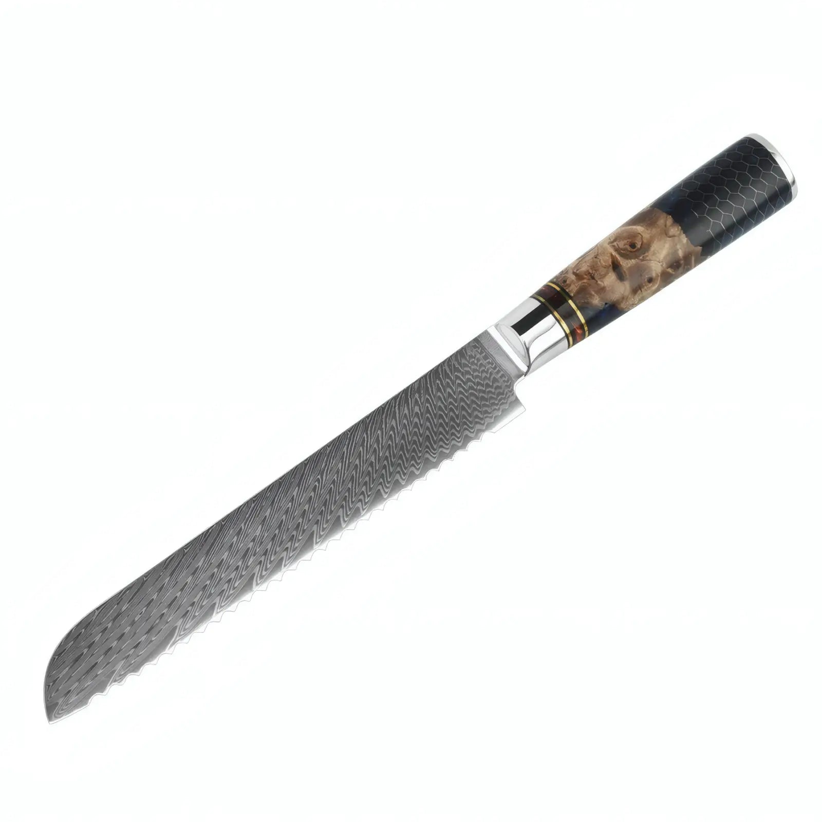 Serrated bread knife with decorative handle on a white background