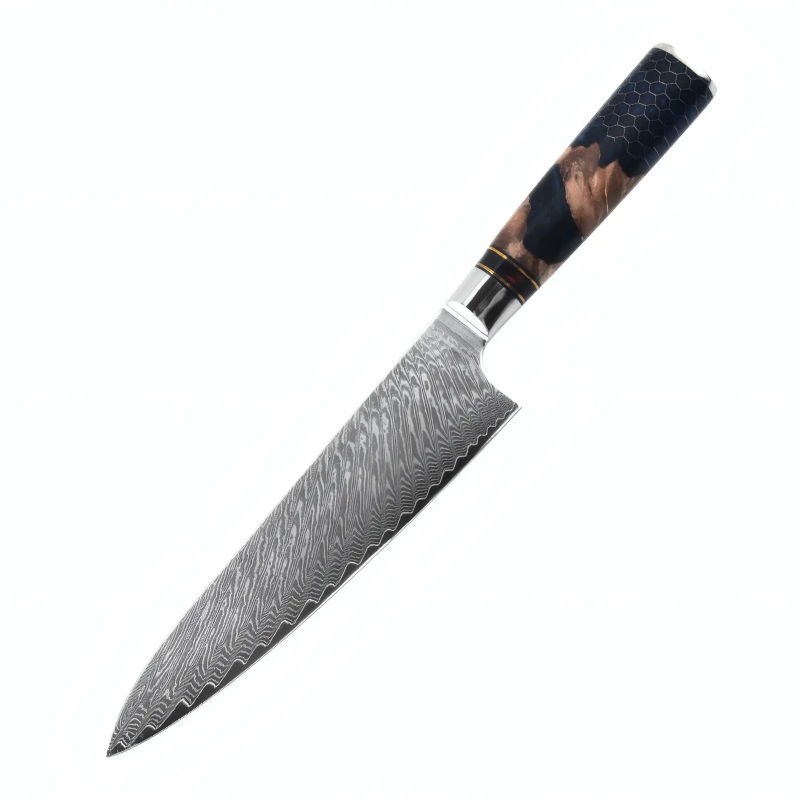 Damascus knife with a wooden handle on a white background