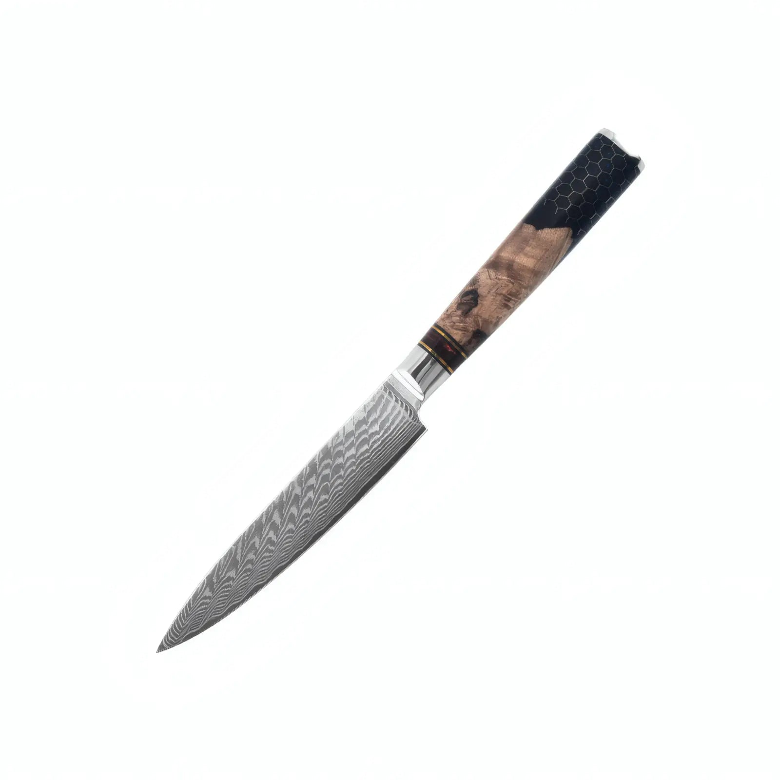  Damascus steel kitchen knife with a wooden handle on a white background