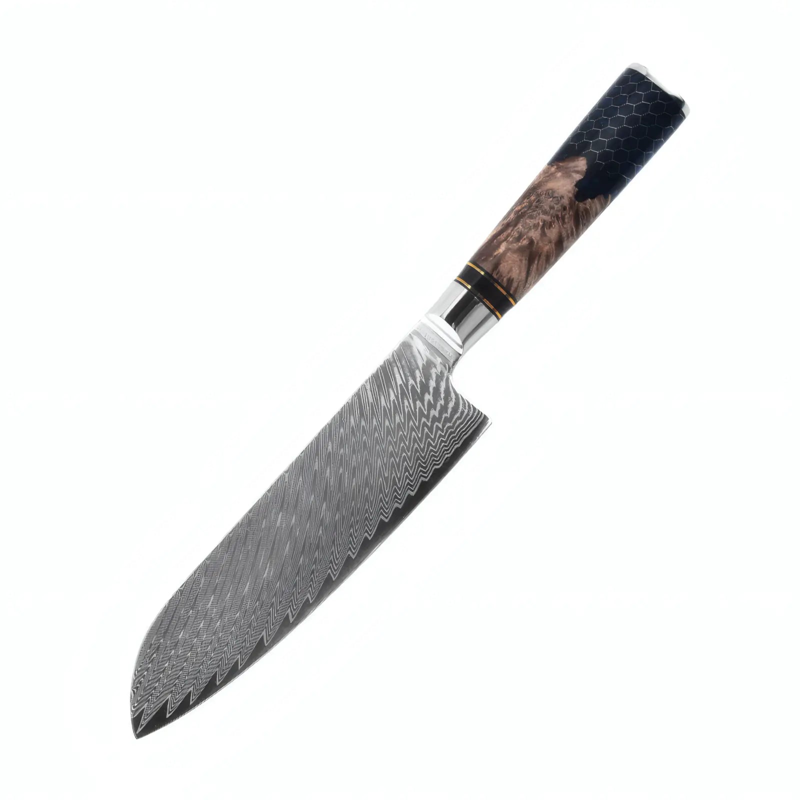 Kamikami Damascus Santoku knife with a wooden handle on a white background