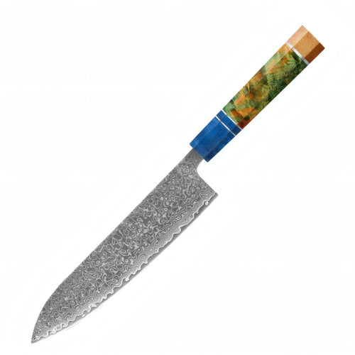 Takashi Damascus chef knife with colorful wood handle on white