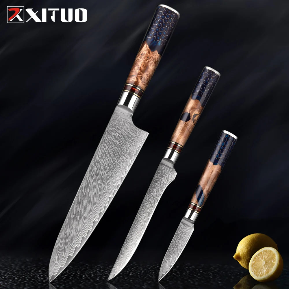 Tetsuryu three-piece Damascus knife set with blue and wood-style handles
