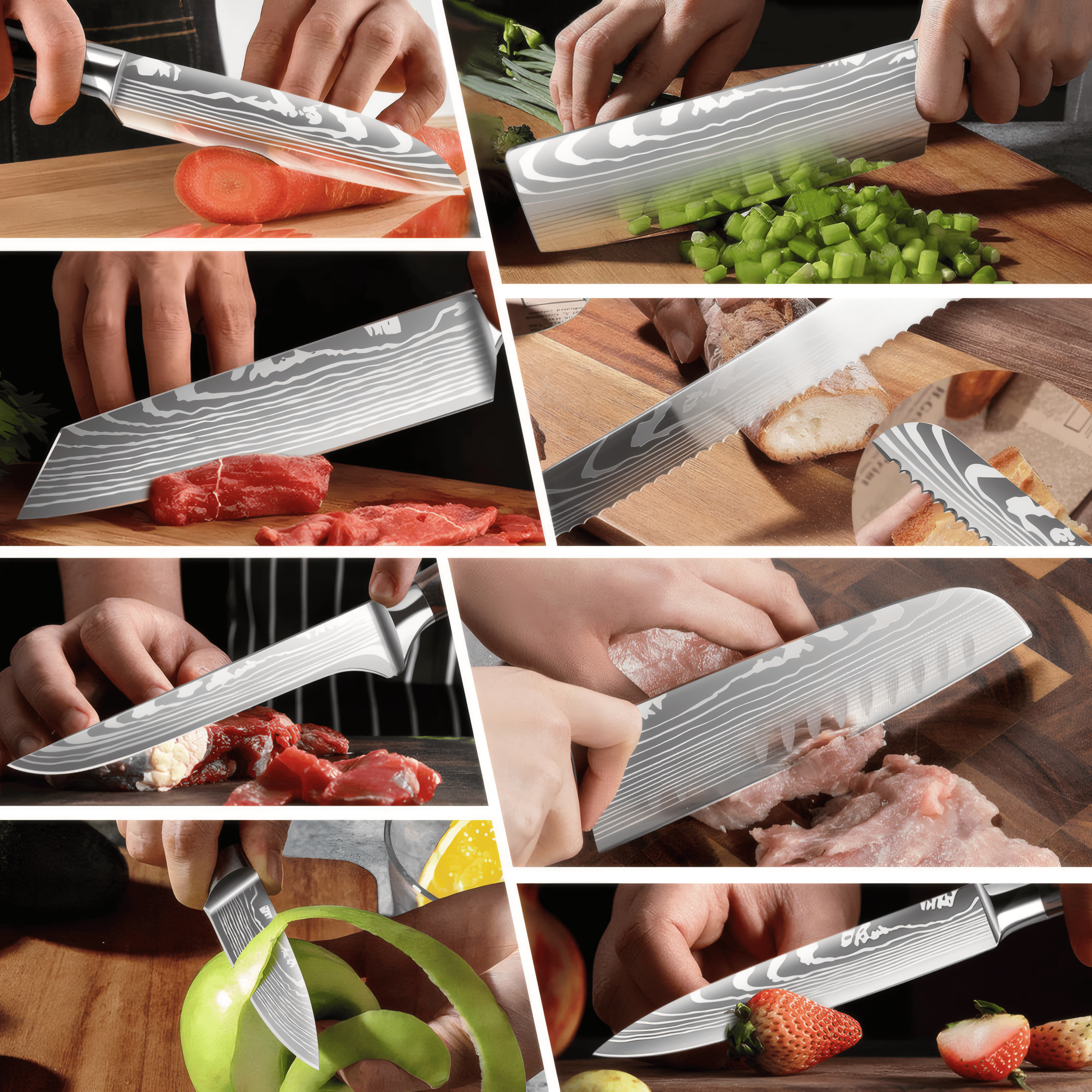 Collage of a chef using a knife to cut various ingredients on a wooden cutting board.