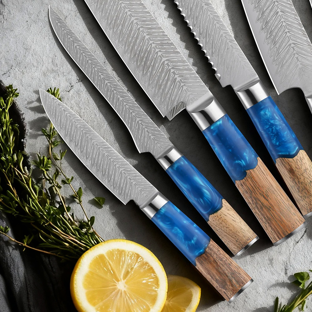 Close-up of Aokaze utility and paring knives with blue resin and wood handles