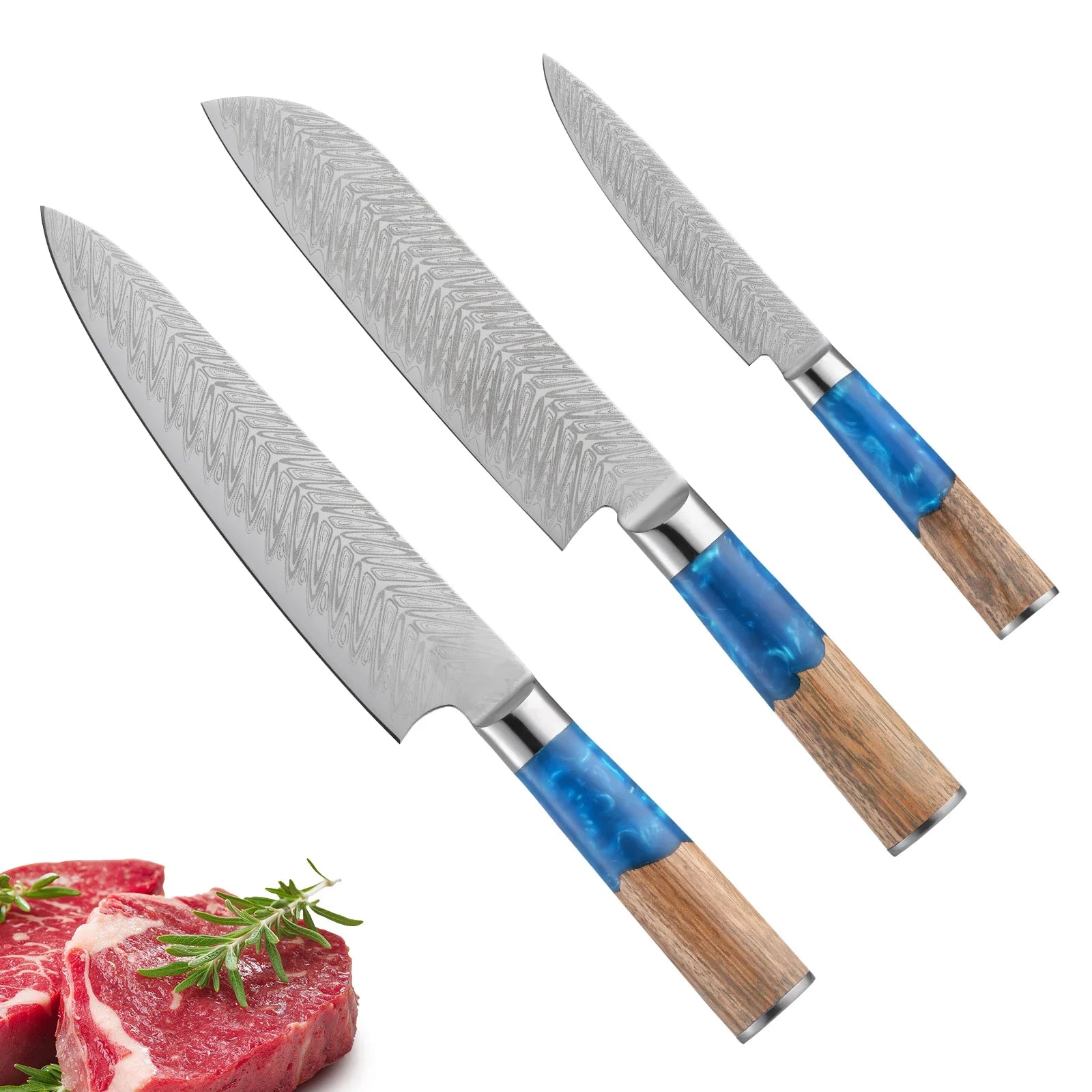 Aokaze three-piece Damascus kitchen knife set with blue resin and wood handles