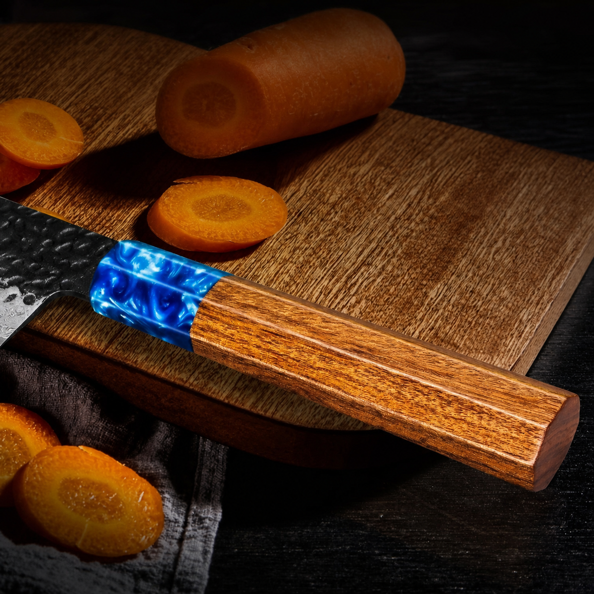Close-up of the blue resin bolster and polished wood handle