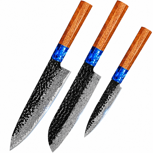 Aonami three-piece Damascus kitchen knife set on a pure white background