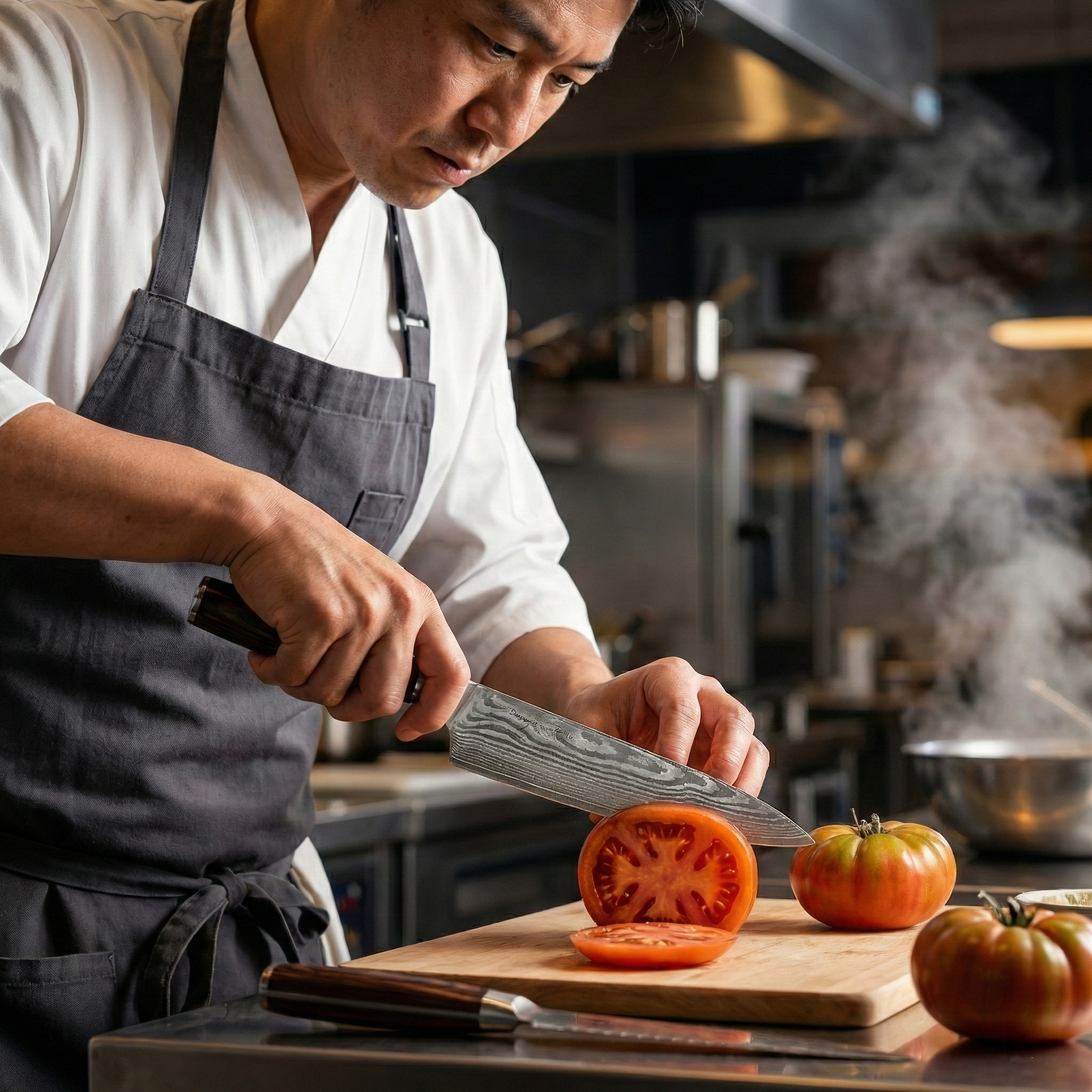 Chef cutting tomatoes on a wooden board in a kitchen
