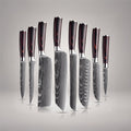 Set of eight japanese damascus apttern knives with wooden handles on a reflective surface