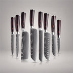 Set of eight japanese damascus apttern knives with wooden handles on a reflective surface